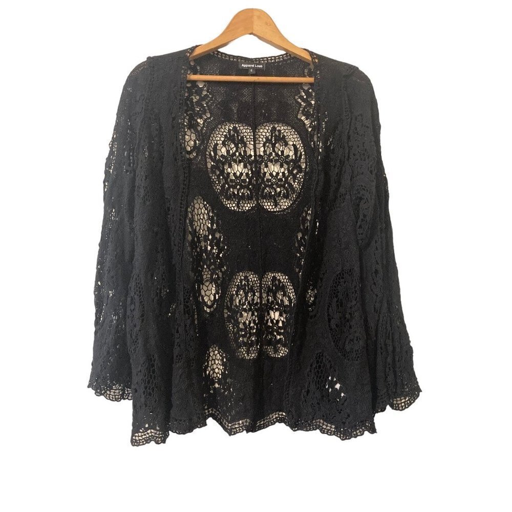 Women's Apparel Love Black Cardigan Topper JKT Layer Crochet Lace Small Bell Slv